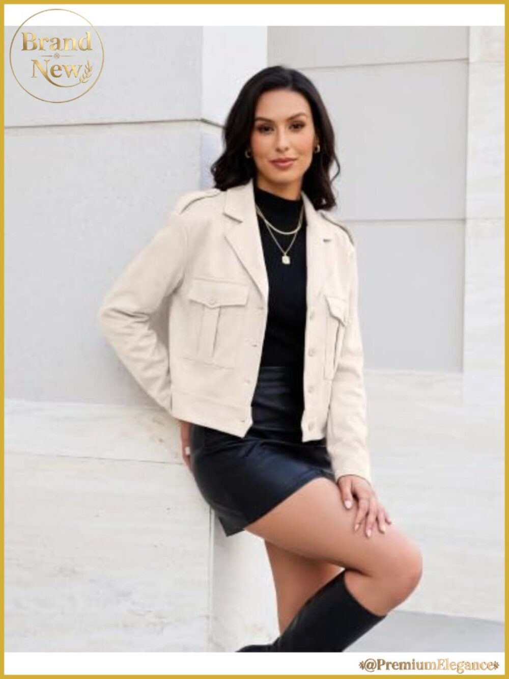 Faux Suede Cropped Button Down Jacket Womens Long Sleeve Coat - Picture 6 of 6
